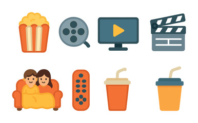 Movie Night Icons. Flat vector mini-illustrations friends watching movies in colors children's illustrations: