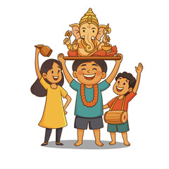Illustration of Children Celebrating Ganesh Chaturthi
