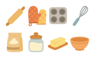 Baking Day Icons. Flat vector mini-illustrations baking day in colors children's illustrations: rolling pin,