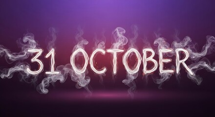 Spooky 31 October text creation with glowing embers and mystical smoke effect on a vibrant purple gradient background, perfect for Halloween promotions and party invitations.