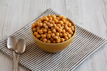 Organic Raw Canned Chickpeas in a Bowl, side view.