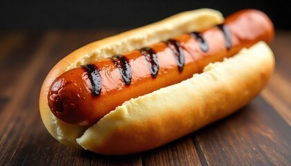 A perfectly grilled hot dog, glistening with char marks, sits nestled in a soft bun, ready to be enjoyed Close-up shot highlighting the texture and appetizing appearance , tasty, snack