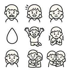 Childhood Emotion Icons. Outline icon set of childhood school emotions: nervous face, excited face, shy smile,