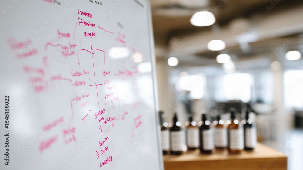 Poster brainstorming session, workflow concept. a whiteboard shows a creative process. blurred background w