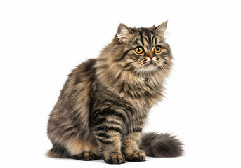 Fototapeta premium Longhair Tabby Cat Sitting on White Background: Perfect for Pet Websites, Blogs, and Animal Publications isolated on transparent background