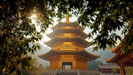 Fototapeta premium Golden Pagoda Majestically Adorned in Buddhist Temple, Peaceful Sanctuary