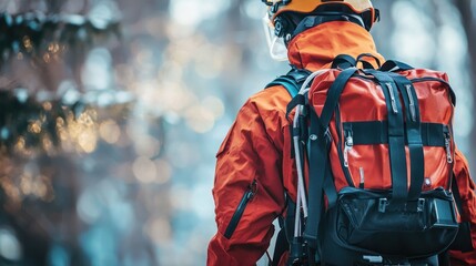 A person wearing an orange jacket and a backpack stands in a snowy forest, facing away from the camera. The background is blurred with snow-covered trees and sunlight filtering through the branches.
