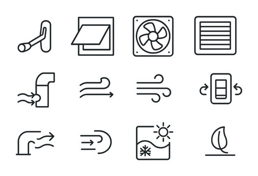 Natural Ventilation Icons. Outline icon set of natural ventilation tools: crank window handle, vent flap,