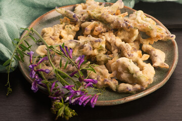Alfalfa Flower Tempura on Handmade Ceramic Plate