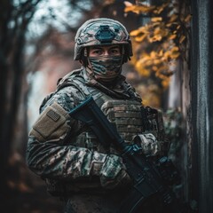 Fototapeta premium A soldier in camouflage gear stands outdoors, holding a rifle, with autumn foliage in the background. The soldier is wearing a helmet and a tactical vest
