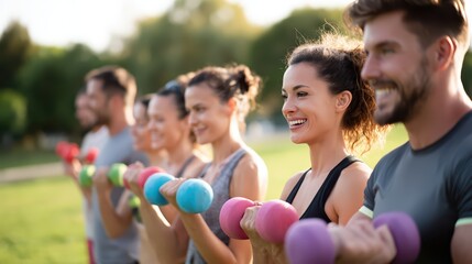 Group Fitness: Smiling People Exercising with Colorful Dumbbells Outdoors Together