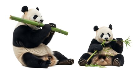 Two giant pandas sitting and eating bamboo shoots on a white background