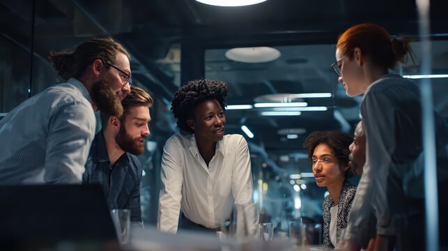 Diverse professionals collaborate at a table in modern office boardroom