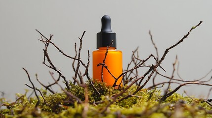 Organic face serum mock balanced on soft moss and twigs with orange tint