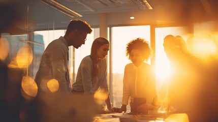 Collaborative professionals meeting at golden hour with bright lens flare