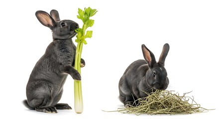 Two Grey Rabbits: One Eating Celery, One Eating Hay, Isolated on White Background