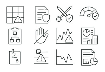 Risk Management Icons. Outline icon set of risk management and mitigation: risk matrix, insurance policy,