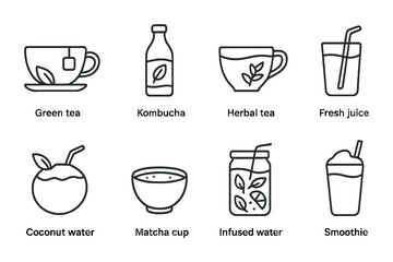 Plant-Based Beverage Icons. Outline icon set of plant-based beverages: green tea, kombucha bottle, herbal tea,