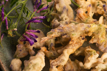 Alfalfa Flower Tempura on Handmade Ceramic Plate