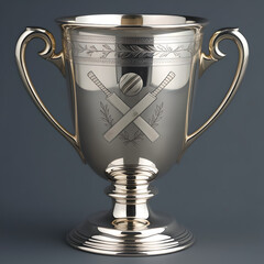 The cup body often has engravings, patterns, or embossed cricket-related motifs like bats, balls, stumps, or laurels.
