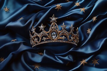 A diamond crown adorned with star patterns, placed on navy satin cloth 