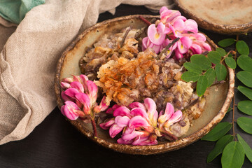 Pink Acacia Flower Tempura on Handmade Ceramic Plate