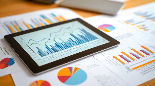 Digital financial graph on tablet displays business growth analysis. Printed quarterly reports alongside. Comparative analysis clear