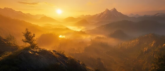 Sunrise over a misty mountain range golden light spilling through valleys hikers on a ridge ultrawide K detail