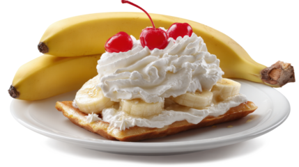Plate with banana spit and whipped cream top with cherry isolated on a white background