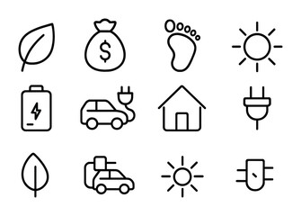 Solar Power Icons. Outline icon set of solar power benefits: green leaf, cost savings, carbon footprint, sun