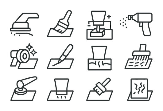 Metal Finishing Icons. Outline icon set of metal finishing techniques: sanding, painting, anodizing, powder