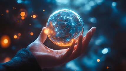 Hand holding a glowing AI sphere symbolizing the power and potential of artificial intelligence