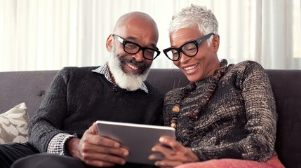 Cheerful senior African American couple using a tablet together at home