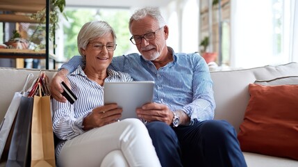 Senior couple enjoying online shopping using a tablet from their sofa.