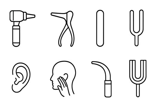 ENT Examination Icons. Outline vector icons of ENT examination: otoscope, nasal speculum, tongue depressor,
