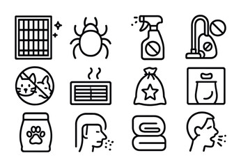 Allergen Control Icons. Outline vector icons of allergen control in home: HEPA filter, dust mite, anti-allergy