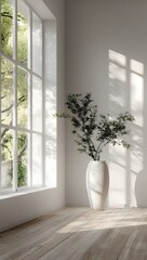 Fototapeta premium Minimalist interior design of an empty room with large windows, wooden floor, and a decorative plant
