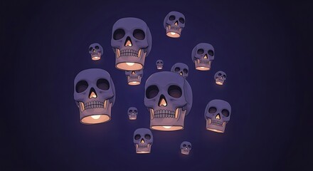 Spooky illuminated skulls drift in dark mysterious night creating eerie yet captivating atmosphere perfect for Halloween or horror themes
