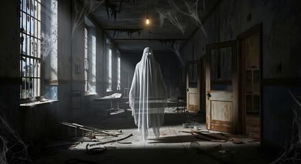 Ghostly figure in abandoned building with cobwebs