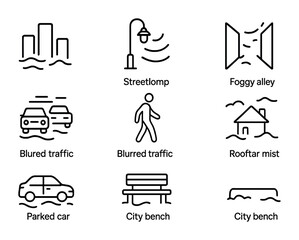 Fototapeta premium Urban Fog Icons. Outline vector icons of urban fog environment: city skyline fade, streetlamp glow, foggy
