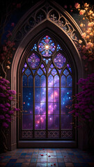 Fototapeta premium Gothic arch window with cosmic night sky view