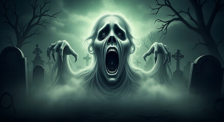 Ghostly figure screaming in a cemetery