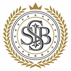 Fototapeta premium Minimilist ornate sb monogram inside circle with stars and laurel wreath topped with a golden crown design vector