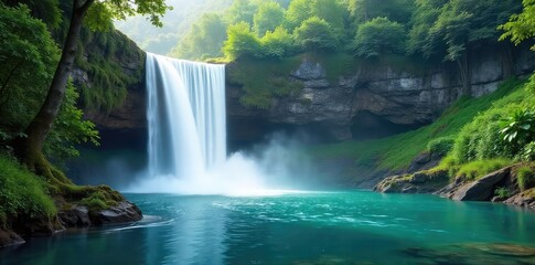 Naklejka premium Serene Waterfall Cascading into Tranquil Waterfront Lush Greenery, Mist, and Perfect Relaxation