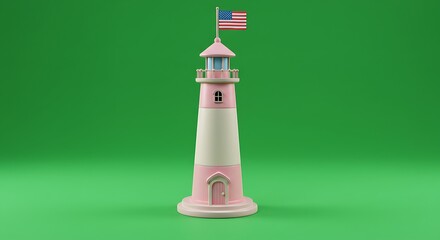 A charming pink and white lighthouse with an american flag on top
