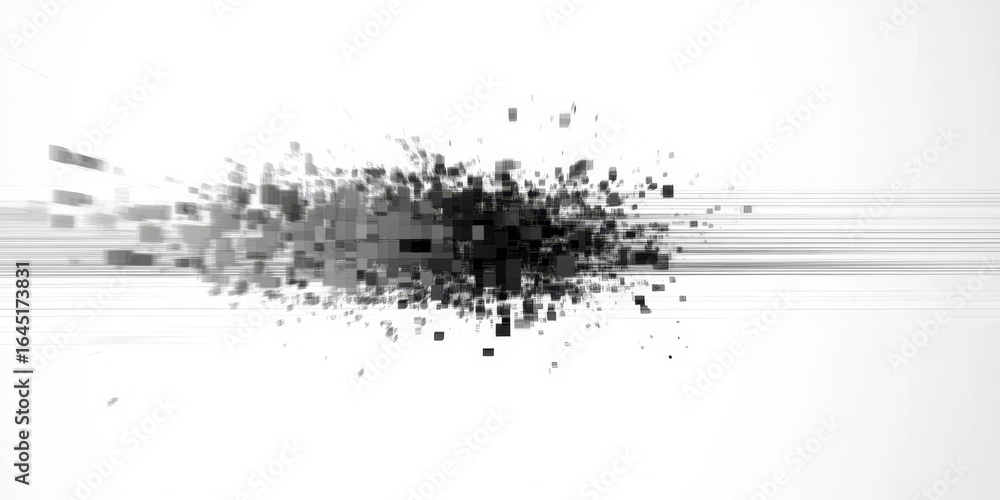 Poster glitch noise damage pattern with abstract destruction burst and pixelated overlay effects.