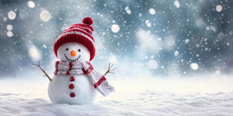 Obraz premium Joyful Snowman Wearing a Colorful Striped Hat and Scarf Surrounded by a Beautiful Snowy Landscape