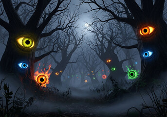 Spooky forest with glowing eyes on trees and in the fog