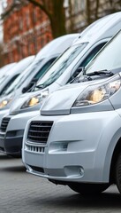 Fleet of Shiny White Delivery Vans Neatly Parked in Urban Setting for Efficient Logistics Services