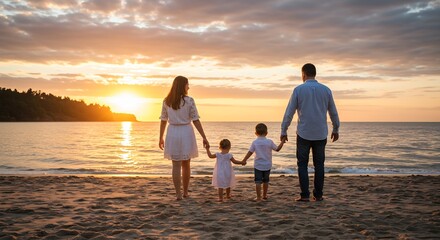 Fototapeta premium Family enjoying a beautiful sunset on the beach, walking towards the ocean, holding hands, enjoying quality time, vacation, holiday, summer concept